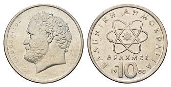 Греция 10 драхм 1988 Демокрит KM 132 медно-никель UNC 3459-1253