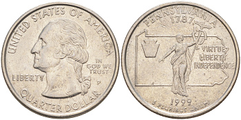 США 25 центов = квотер 1999 Р, серия штаты США, Пенсильвания KM 294 медь плакированная медно-никелем 4114-135