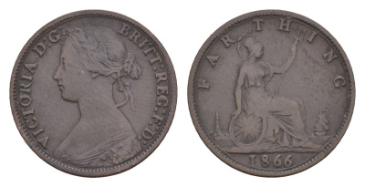 Великобритания 1 фартинг 1866 Виктория (1837-1901) KM 747.2, Spink 3958 бронза 4658-922