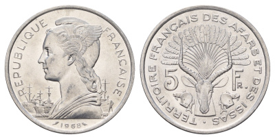 Французские афар и исса 5 франков 1968 KM 14 алюминий UNC 4127-1915