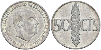 Испания 50 сентимо 1966 Франсиско Франко (1939 - 1975) KM 795 алюминий 4155-255