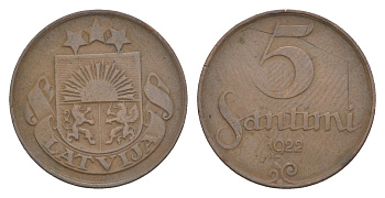 Латвия 5 сантимов 1922 KM 3 бронза 4636-241