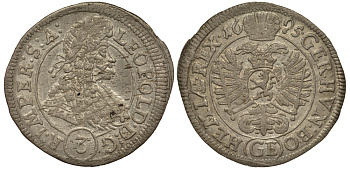 Священная Римская Империя, Австрия 3 крейцера 1695 GE, Леопольд I (1657-1705), монетный двор Прага, Богемия KM 1430, Herinek 1462 v серебро    272-215