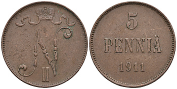 Россия для Финляндии 5 пенни 1911 Николай II (1894-1917) KM 15, Биткин 451 медь 85-322