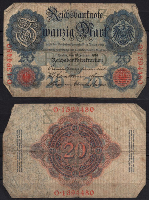 Германия 20 марок 1914 Pick 46b бумага 8592-16-3-1