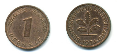 ФРГ 1 ПФЕННИГ 1974 F сталь плакированная медью 3999-1044