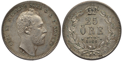 Швеция 25 эре 1866 Карл XV (1859-1872) KM 712 серебро 633-123