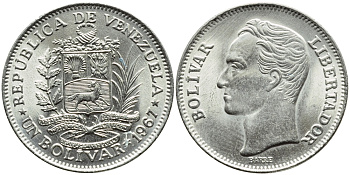 Венесуэла 1 боливар 1967 Симон Боливар KM 42 никель 51-626