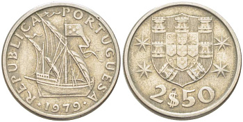 ПОРТУГАЛИЯ 2,5 ЭСКУДО 1979 ПАРУСНИК KM 590 медно-никель 4523-1111