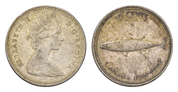 Канада 10 центов 1967 рыба, 100 лет Конфедерации Канада, Ссеребро 0.800, вес 2,3 гр, диаметр 18,3 мм KM 67 серебро 4623-957