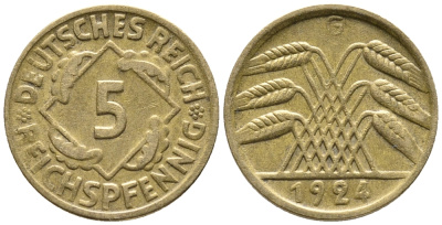 ГЕРМАНИЯ 5 РЕЙХСПФЕННИГОВ 1924 G KM 39, J. 316 алюминиевая бронза 39-535