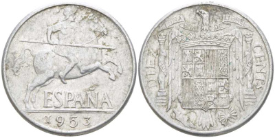 ИСПАНИЯ 10 СЕНТИМО 1953 РЫЦАРЬ НА КОНЕ KM 766 алюминий 213-117