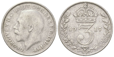 Великобритания 3 пенса 1917 Георг V (1910-1936) KM 813, Spink 4015 серебро 4611-1139
