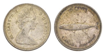 Канада 10 центов 1967 рыба, 100 лет Конфедерации Канада, Ссеребро 0.800, вес 2,3 гр, диаметр 18,3 мм KM 67 серебро 4623-957