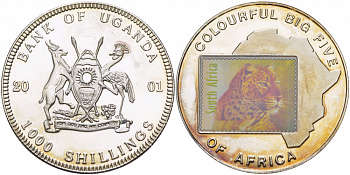 УГАНДА 1000 ШИЛЛИНГОВ 2001 ЛЕОПАРД медно-никель 02-224-34