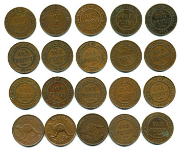 Австралия лот из 20 монет по 1 пенни 1911-1959 KM 23, 36, 43, 50 бронза M13-12