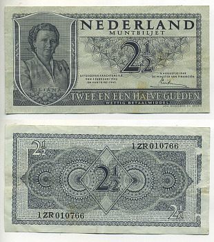 НИДЕРЛАНДЫ 2 1/2 ГУЛЬДЕНА 1949 8 АВГУСТА 1949, КОРОЛЕВА ЮЛИАНА Pick 73 бумага 7553-26-1