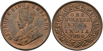 Британская Индия 1/4 анна 1936 Георг V (1910-1936) KM 512 бронза UNC 94-231