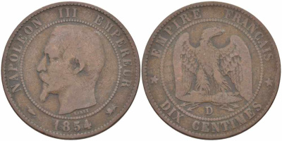 ФРАНЦИЯ 10 САНТИМОВ 1854 D, НАПОЛЕОН III (1852-1870) KM 771.4, LE FRANC 133.14 бронза 38-943