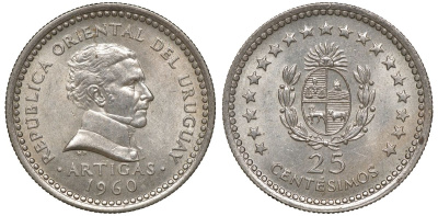 Уругвай 25 сентесимо 1960 KM 40 медно-никель 4169-765