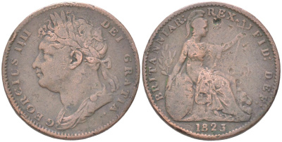 Великобритания 1 фартинг 1823 Георг IV (1820-1830) KM 677, Spink 3822 медь 4613-354