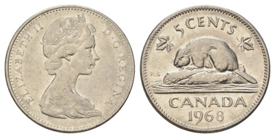 Канада 5 центов 1968 Елизавета II (1952-2022), бобр KM 60.1 никель 4689-355