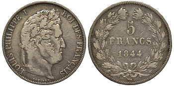 Франция 5 франков 1844 W, Луи Филипп I (1830-1848) KM 749.13 серебро 413-3343