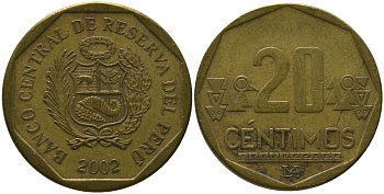 Перу 20 сентимо 2002 LIMA KM 306.4, Schon 105 латунь 4543-1127