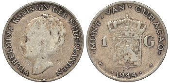 Нидерландское Кюрасао 1 гульден 1944 D, Вильгельмина (1890-1948) KM 45 серебро 36-456