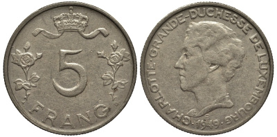 Люксембург 5 франков 1949 Великая герцогиня Шарлотта (1919-1964) KM 50 медно-никель 4536-521