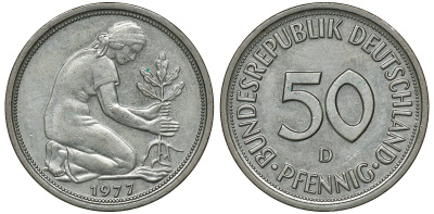 ФРГ 50 ПФЕННИГОВ 1977 D J 384a, KM 109.2 медно-никель aUNC 72-1065