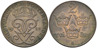 Швеция 2 эре 1925 Густав V (1907-1950) KM 778 бронза 63-1213