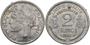 Франция 2 франка 1941 KM 886a алюминий 4599-333