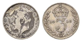 Великобритания 3 пенса 1918 Георг V (1910-1936) KM 813, Spink 4015 серебро 4644-237