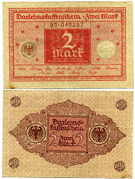 ГЕРМАНИЯ 2 МАРКИ 1920 1 МАРТА 1920, ВЕЙМАРСКАЯ РЕСПУБЛИКА, КРАСНАЯ, СЕРИЯ 97 Pick 59, Rosenberg 65b бумага 7523-13-3