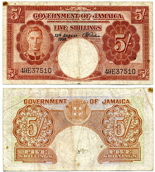 Ямайка 5 шиллингов 1958 15 августа 1958, Георг VI Pick 37b бумага 000-000-00