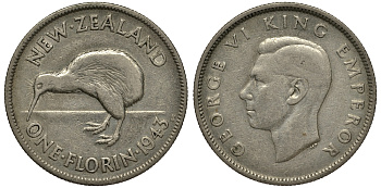 Новая Зеландия 1 флорин 1943 Георг VI (1936-1952), птичка киви KM 10.1 серебро 272-1613