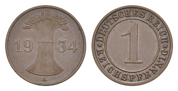 Германия 1 рейхспфенниг 1934 A KM 37, J. 313 бронза 4636-338