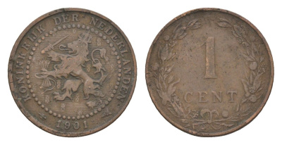 Нидерланды 1 цент 1901 Вильгельмина (1890-1948) KM 130 бронза 72-1023