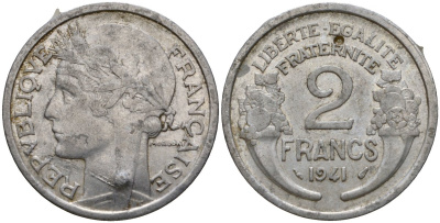 Франция 2 франка 1941 KM 886a алюминий 4599-333