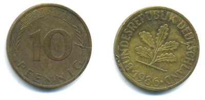 ФРГ 10 ПФЕННИГОВ 1986 J KM 108, J.383 сталь плакированная латунью 23-752