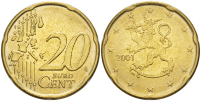 ФИНЛЯНДИЯ 20 ЕВРОЦЕНТОВ 2001 М KM 102 латунь 4543-116