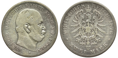 Пруссия 2 марки 1876 A, Вильгельм I (1861-1888) Weege 96, J. 96, KM 506 серебро 02-014-13