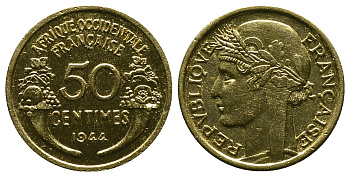 Французская Западная Африка 50 сантимов 1944 редкая KM 1, Lec 1 алюминиевая бронза aUNC 4381-936