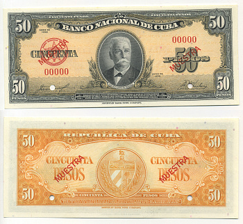 КУБА 50 ПЕСО 1958 ДВЕ ДИАГОНАЛЬНЫЕ КРАСНЫЕ НАДПЕЧАТКИ MUESTRA, ПРОСЕЧКИ, НОМЕР 00000 Pick 81s2 бумага UNC (ПРЕСС) 000-00-00