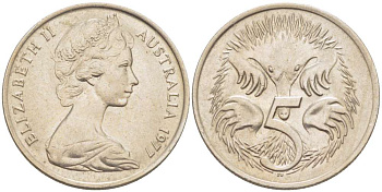 АВСТРАЛИЯ 5 ЦЕНТОВ 1977 ЕЛИЗАВЕТА II (1952-) МОЛОДОЙ ПОРТРЕТ, ЕХИДНА KM 64 медно-никель 4516-658