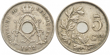 БЕЛЬГИЯ 5 САНТИМОВ 1922 22/1 BELGIQUE KM 66 медно-никель 112-237