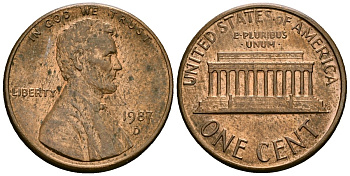 США 1 цент 1987 D, Линкольн KM 201b цинк плакированный медью 4136-326