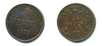 РОССИЯ ДЛЯ ФИНЛЯНДИИ 5 ПЕННИ 1873 АЛЕКСАНДР II KM 4.2, Биткин 662 медь 4381-414