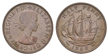 Великобритания 1/2 пенни 1960 Елизавета II (1952-2022) KM 896, Spink 4158 бронза    4660-642